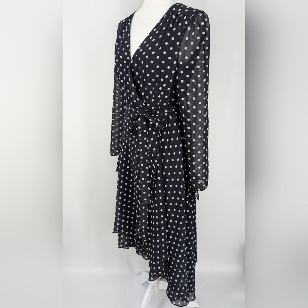 Betsey Johnson Navy Blue White Polka Dot Asymmetrical Hem Wrap Midi Dress 10 - Picture 2 of 6